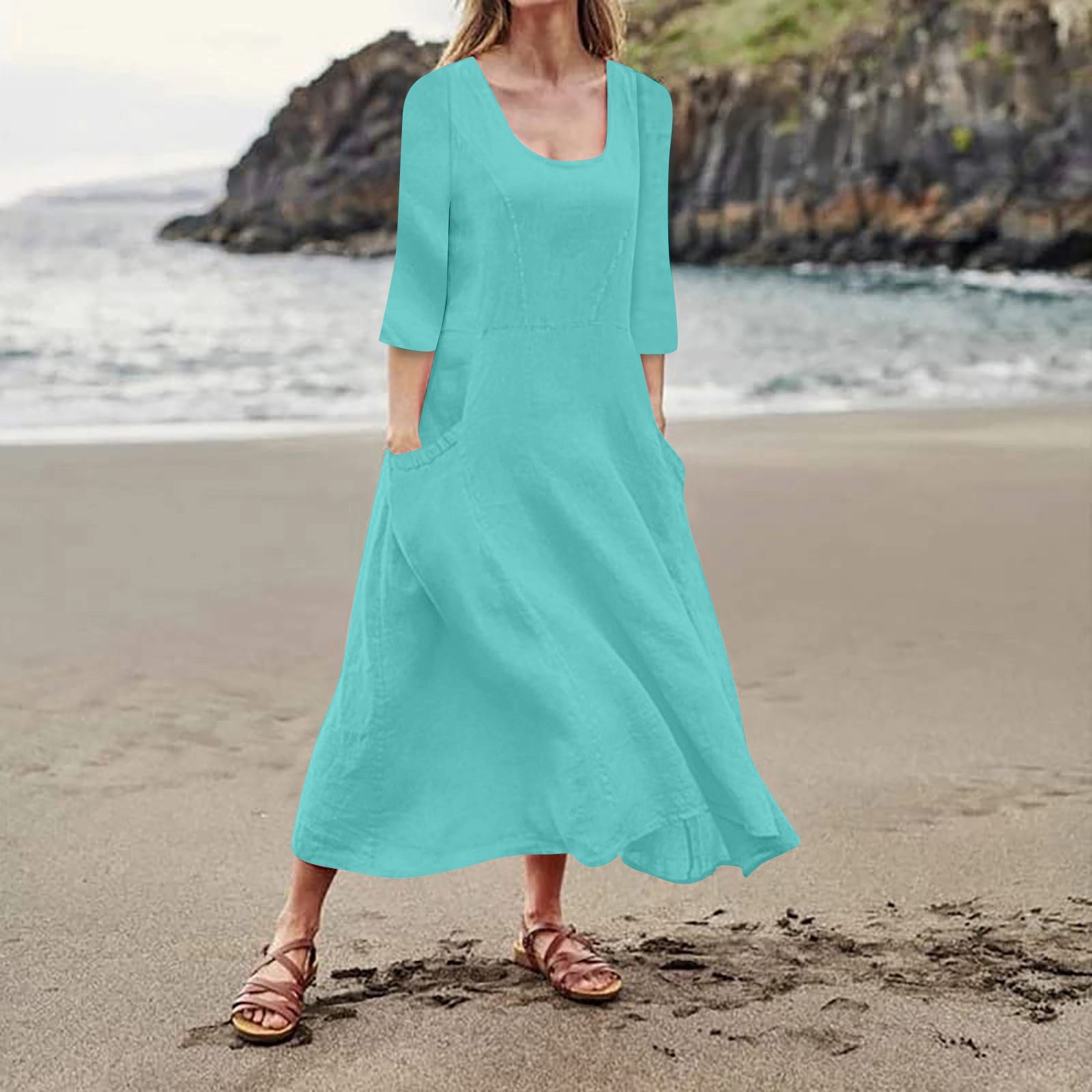 thumbnail image 2 of Vestido boho de manga 3/4 y cuello redondo con bolsillos para mujer - Color liso, corte holgado, vestido veraniego informal con estampado floral, 2 of 4